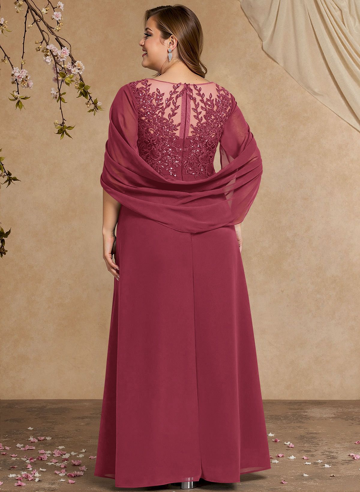 A-Line Illusion Neck Cape Sleeves Floor-Length Chiffon Mother Of The Bride Dresses