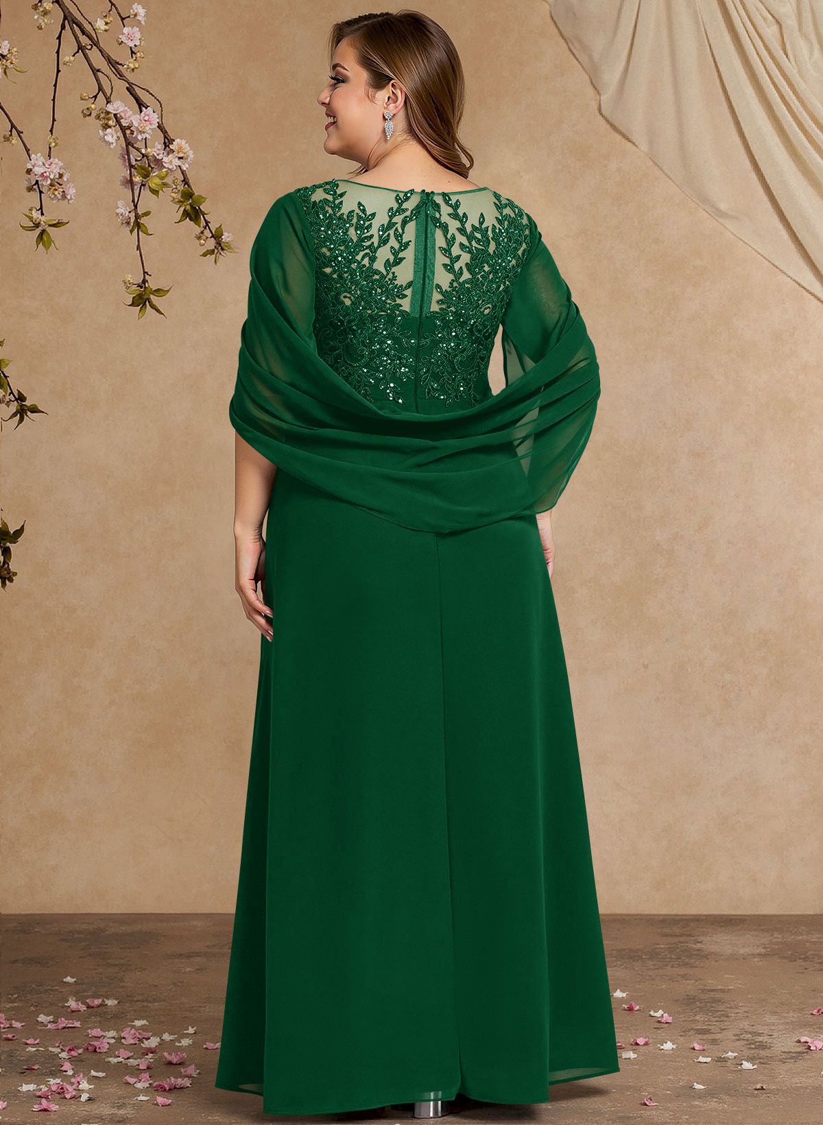 A-Line Illusion Neck Cape Sleeves Floor-Length Chiffon Mother Of The Bride Dresses