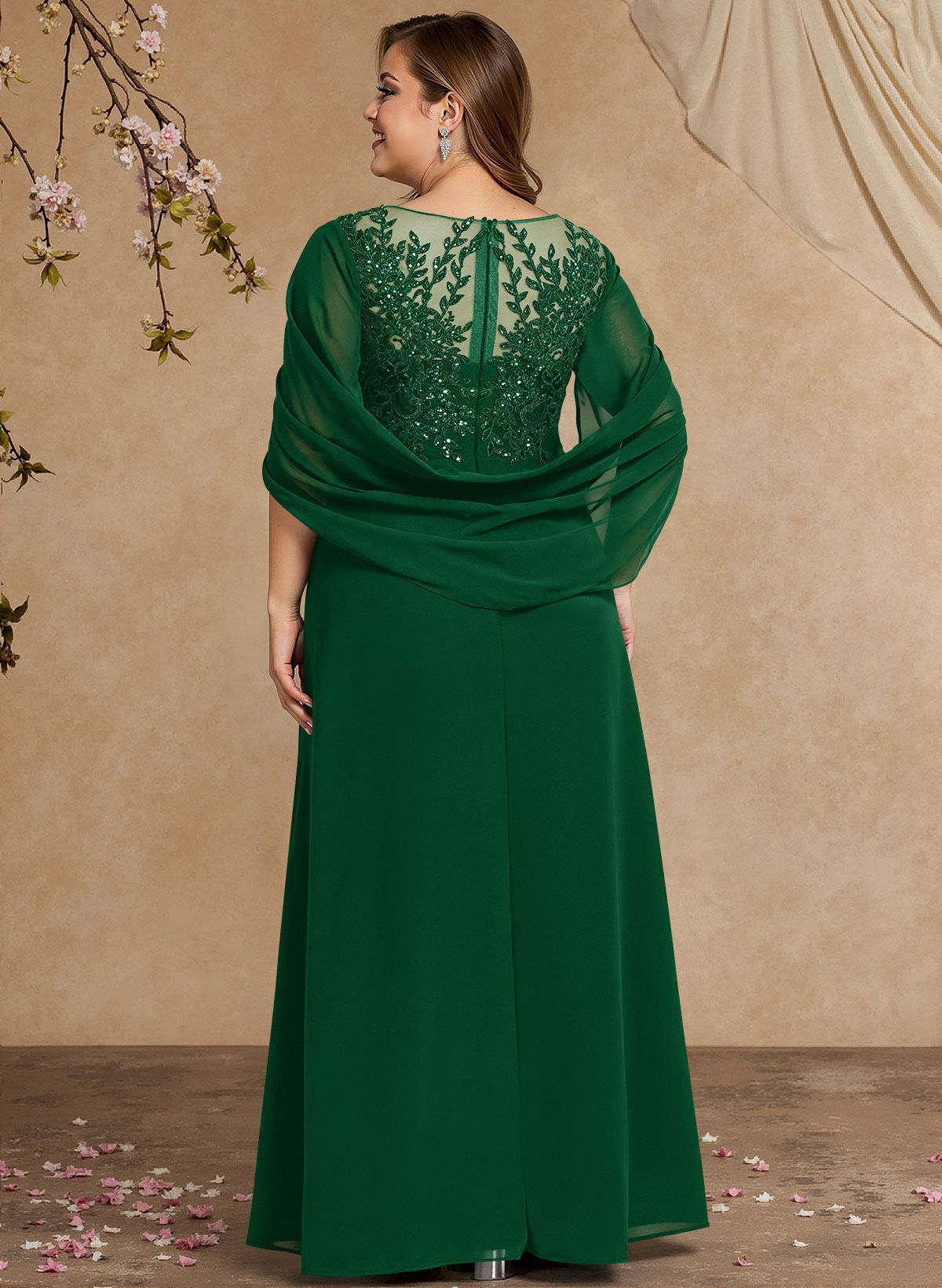 A-Line Illusion Neck Cape Sleeves Floor-Length Chiffon Mother Of The Bride Dresses
