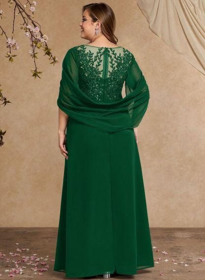 A-Line Illusion Neck Cape Sleeves Floor-Length Chiffon Mother Of The Bride Dresses