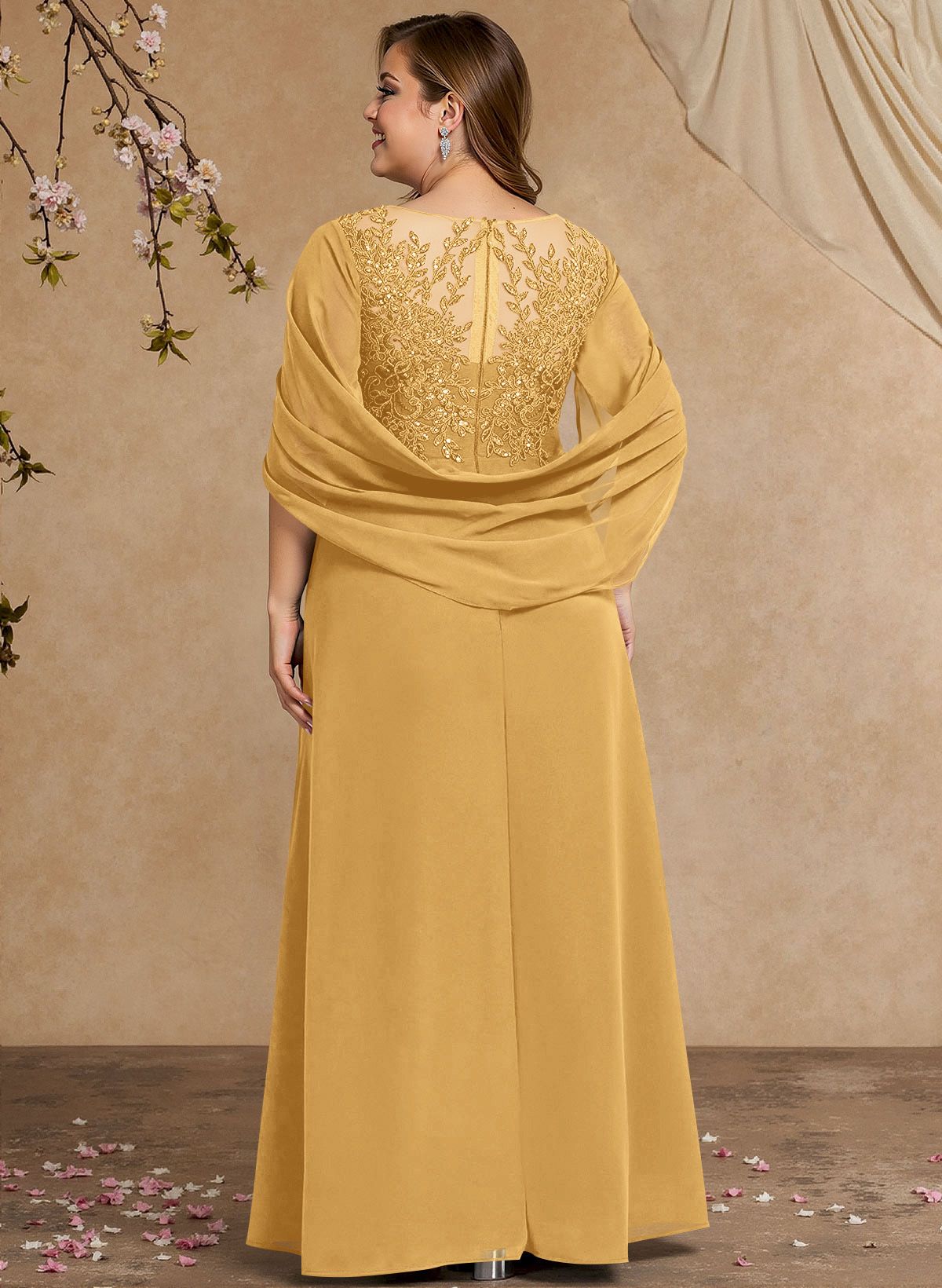 A-Line Illusion Neck Cape Sleeves Floor-Length Chiffon Mother Of The Bride Dresses