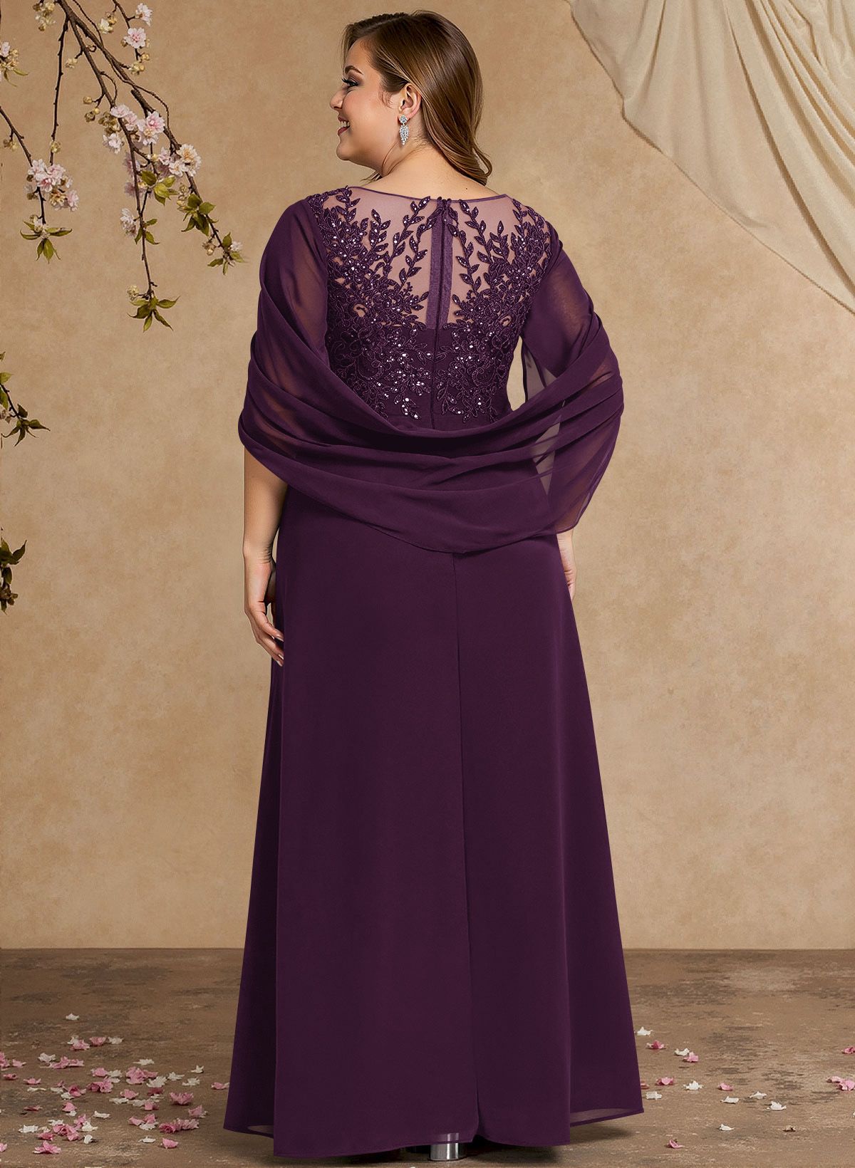 A-Line Illusion Neck Cape Sleeves Floor-Length Chiffon Mother Of The Bride Dresses
