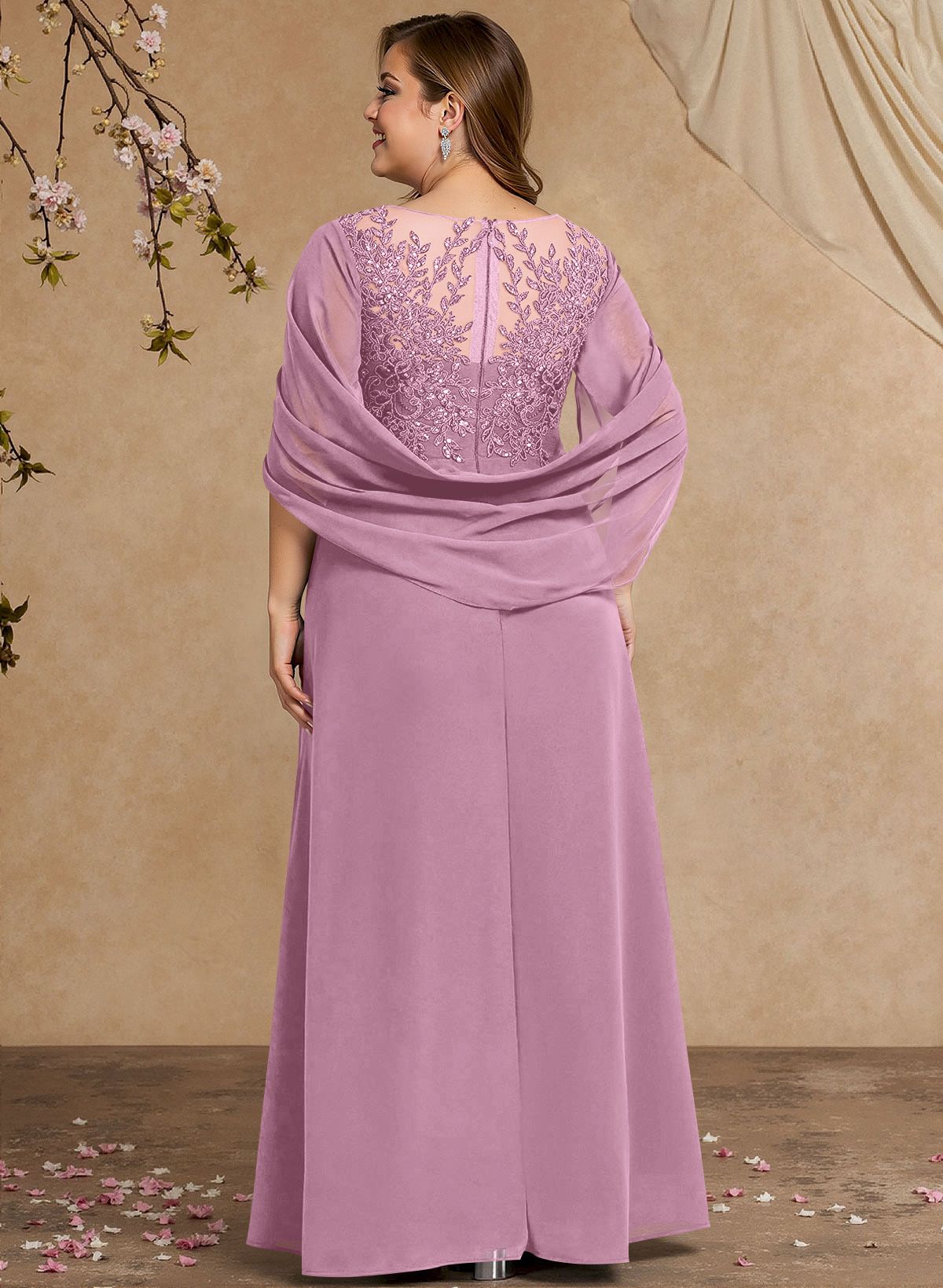A-Line Illusion Neck Cape Sleeves Floor-Length Chiffon Mother Of The Bride Dresses