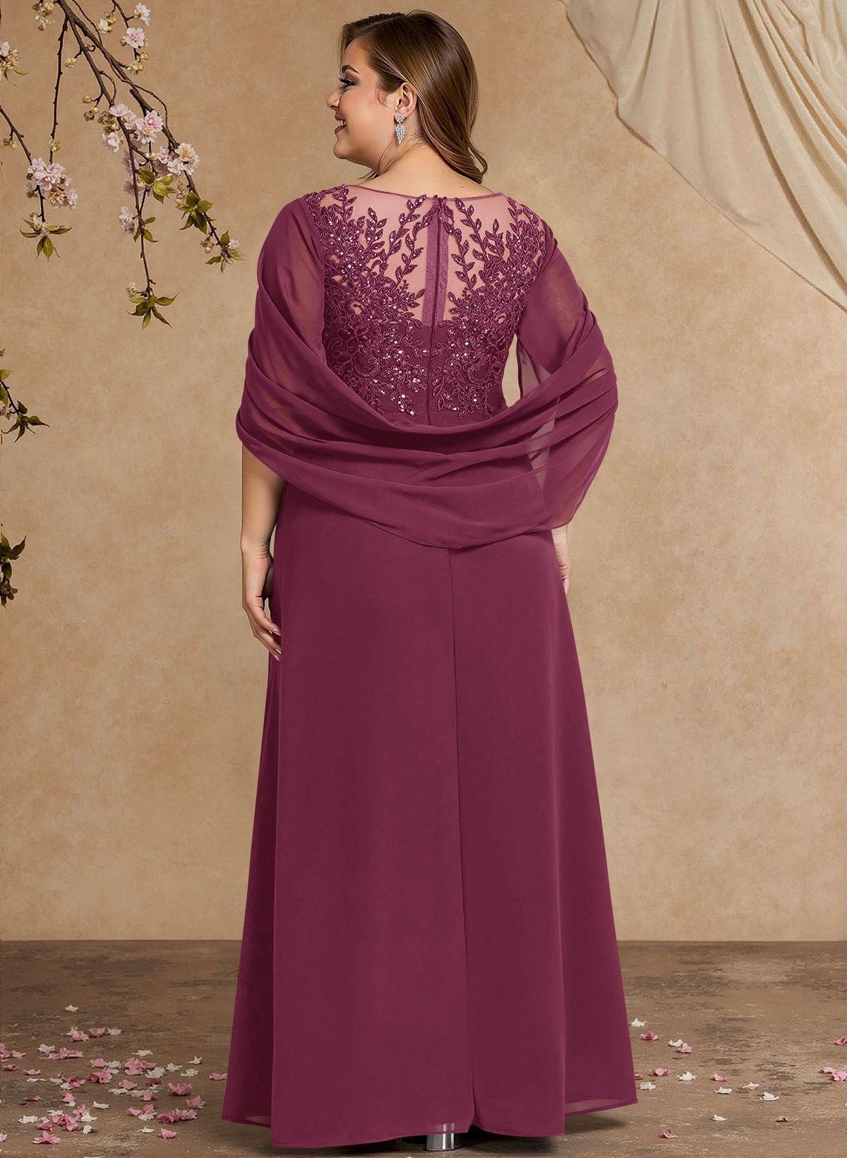 A-Line Illusion Neck Cape Sleeves Floor-Length Chiffon Mother Of The Bride Dresses