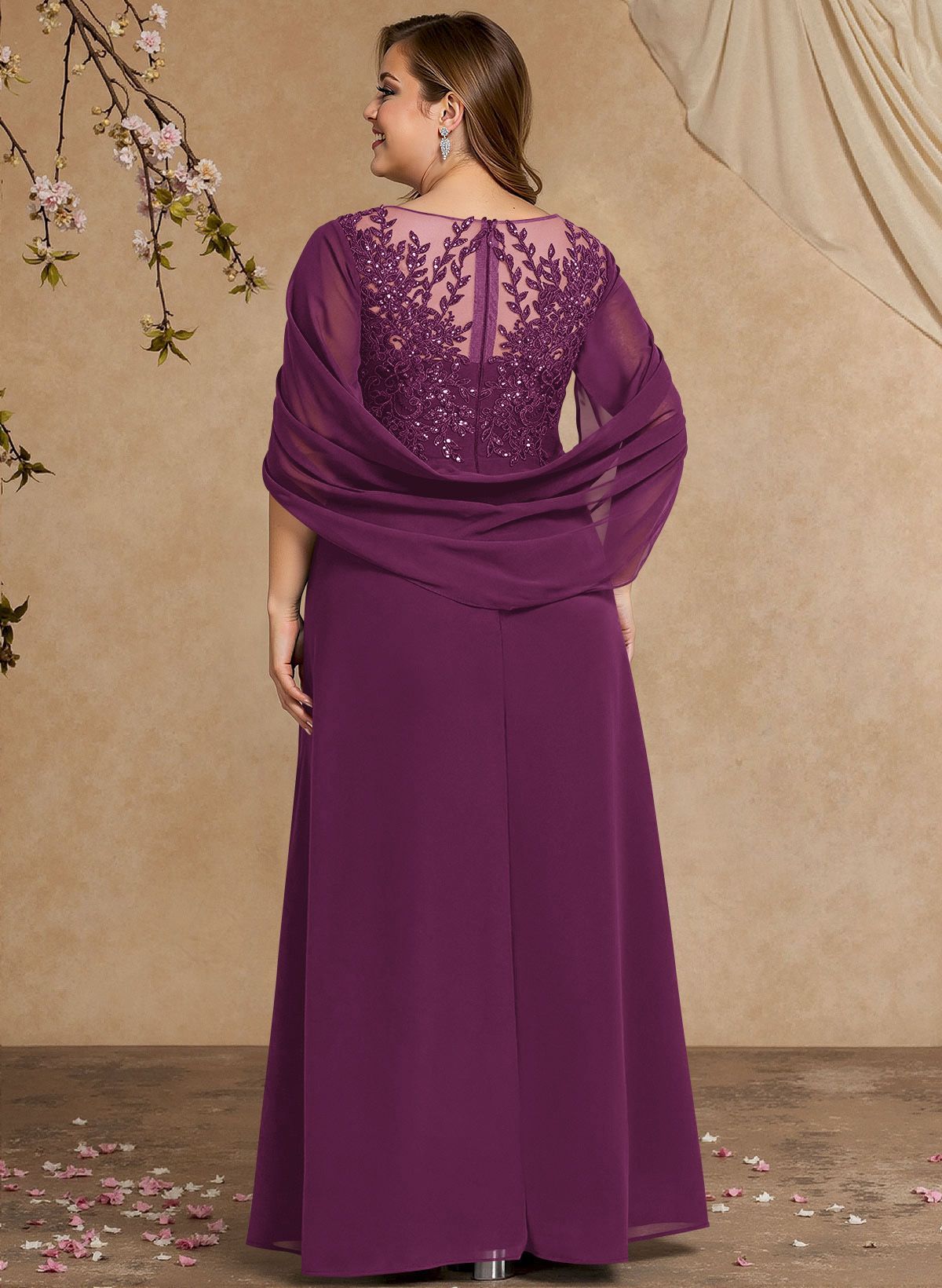 A-Line Illusion Neck Cape Sleeves Floor-Length Chiffon Mother Of The Bride Dresses
