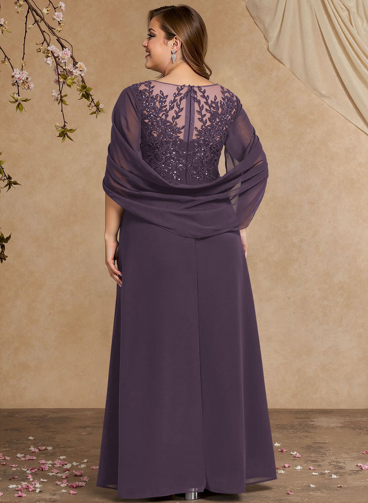 A-Line Illusion Neck Cape Sleeves Floor-Length Chiffon Mother Of The Bride Dresses