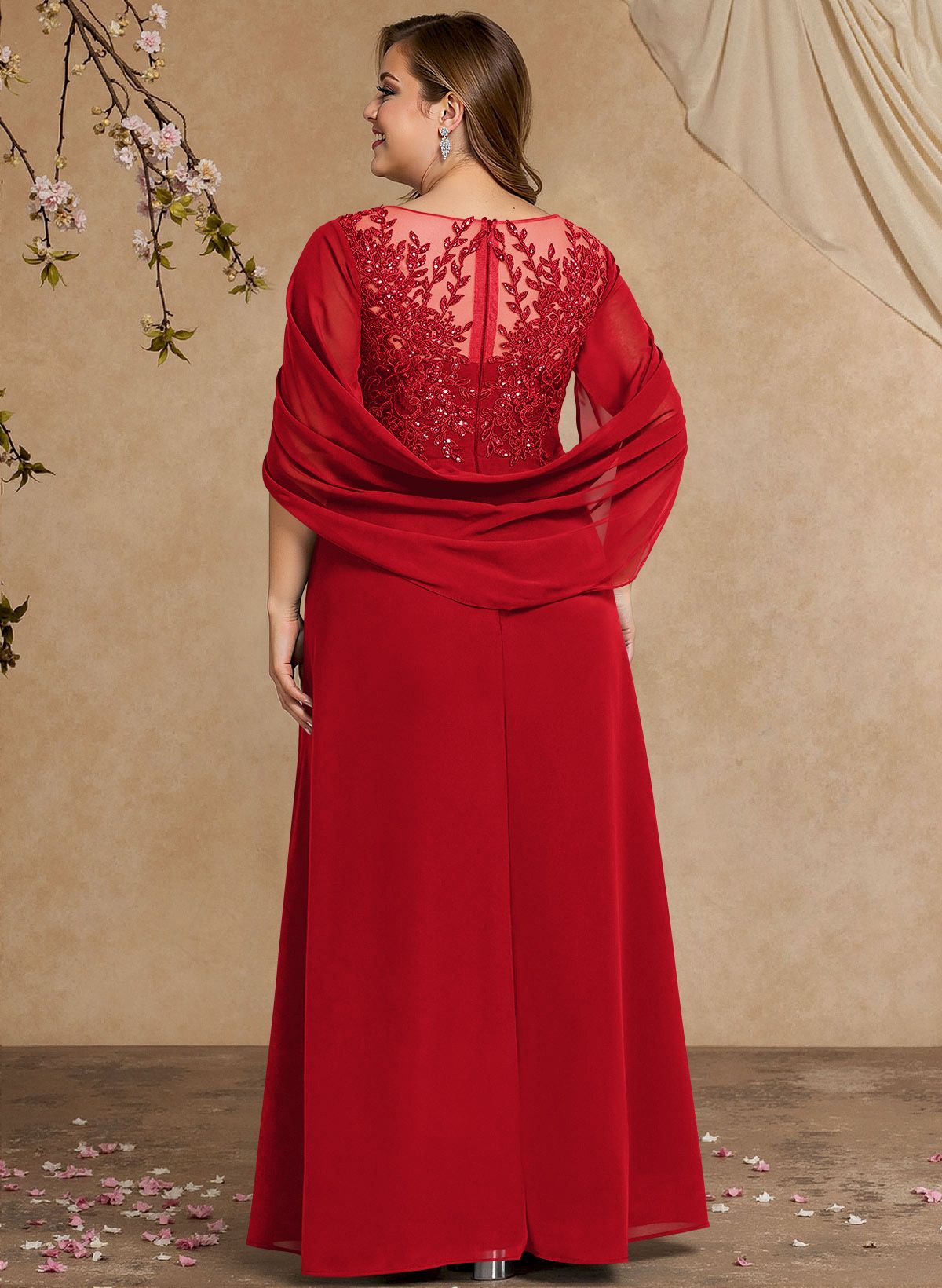 A-Line Illusion Neck Cape Sleeves Floor-Length Chiffon Mother Of The Bride Dresses