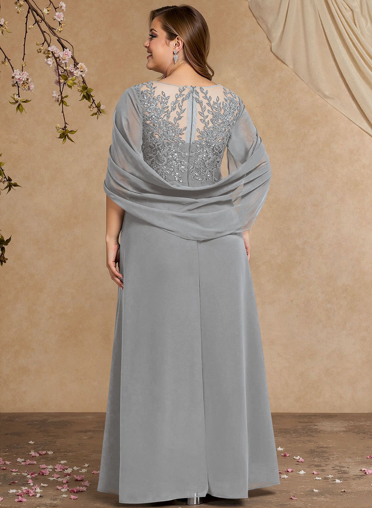 A-Line Illusion Neck Cape Sleeves Floor-Length Chiffon Mother Of The Bride Dresses