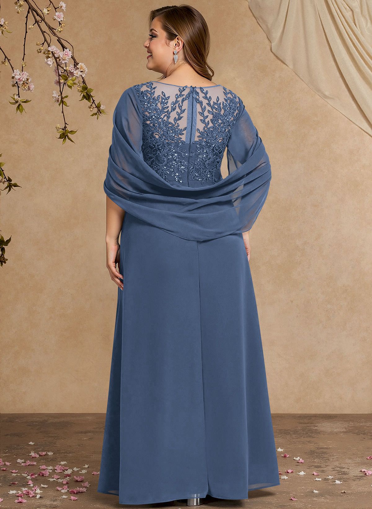 A-Line Illusion Neck Cape Sleeves Floor-Length Chiffon Mother Of The Bride Dresses