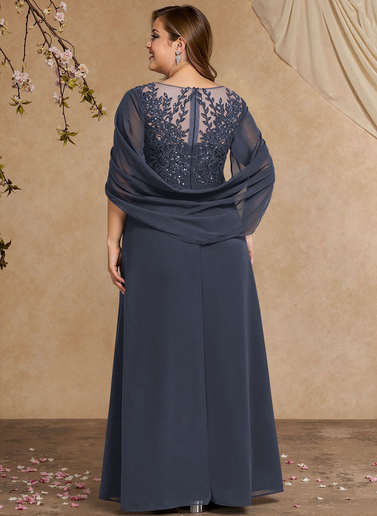 A-Line Illusion Neck Cape Sleeves Floor-Length Chiffon Mother Of The Bride Dresses