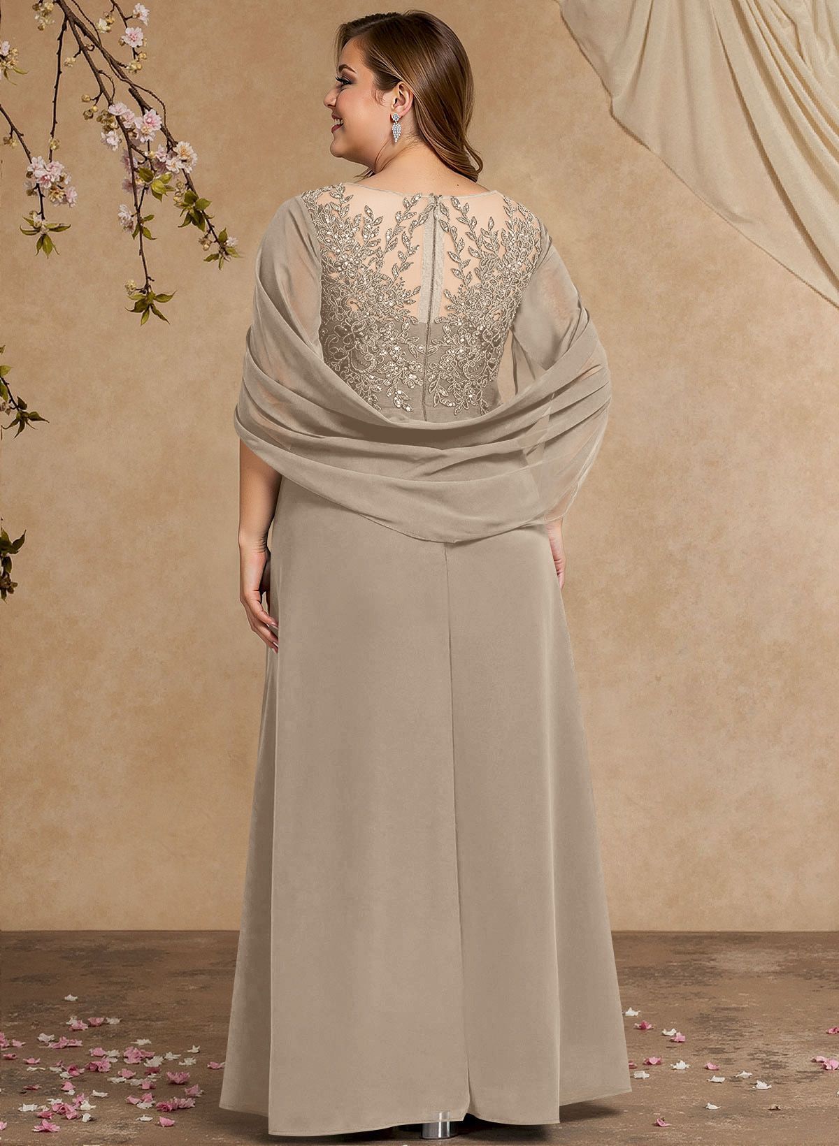 A-Line Illusion Neck Cape Sleeves Floor-Length Chiffon Mother Of The Bride Dresses