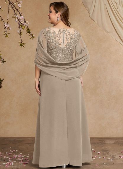 A-Line Illusion Neck Cape Sleeves Floor-Length Chiffon Mother Of The Bride Dresses