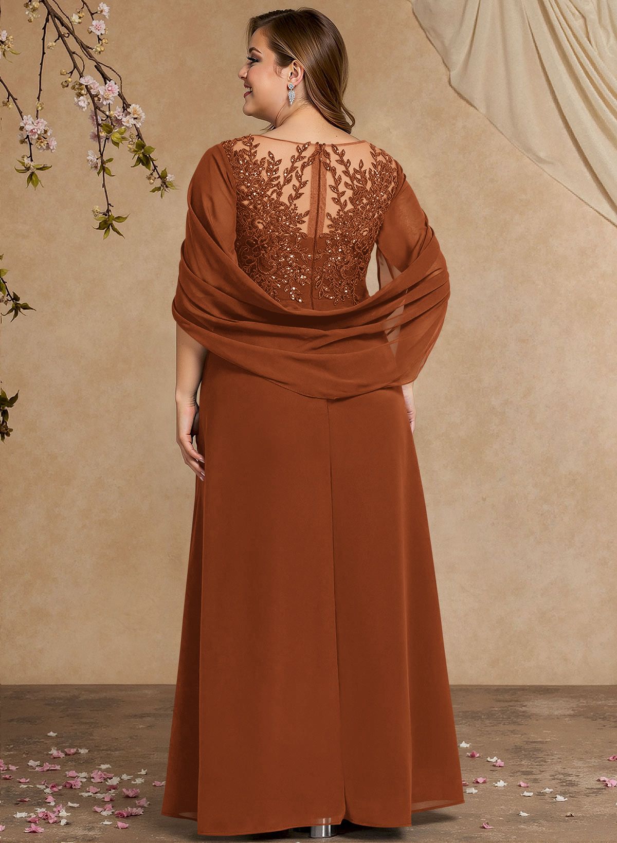 A-Line Illusion Neck Cape Sleeves Floor-Length Chiffon Mother Of The Bride Dresses