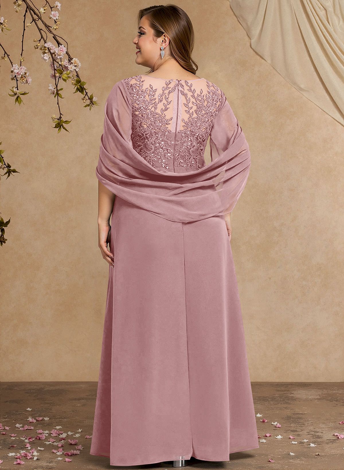 A-Line Illusion Neck Cape Sleeves Floor-Length Chiffon Mother Of The Bride Dresses