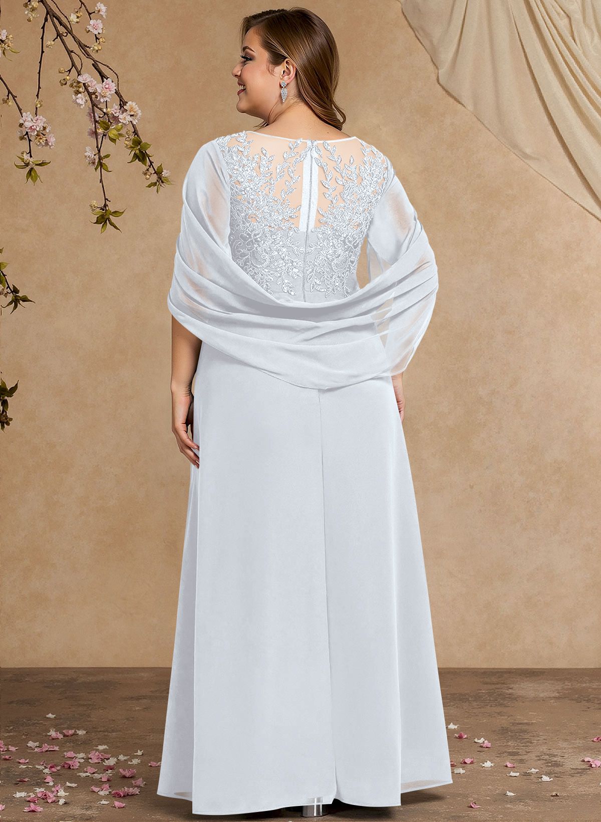 A-Line Illusion Neck Cape Sleeves Floor-Length Chiffon Mother Of The Bride Dresses