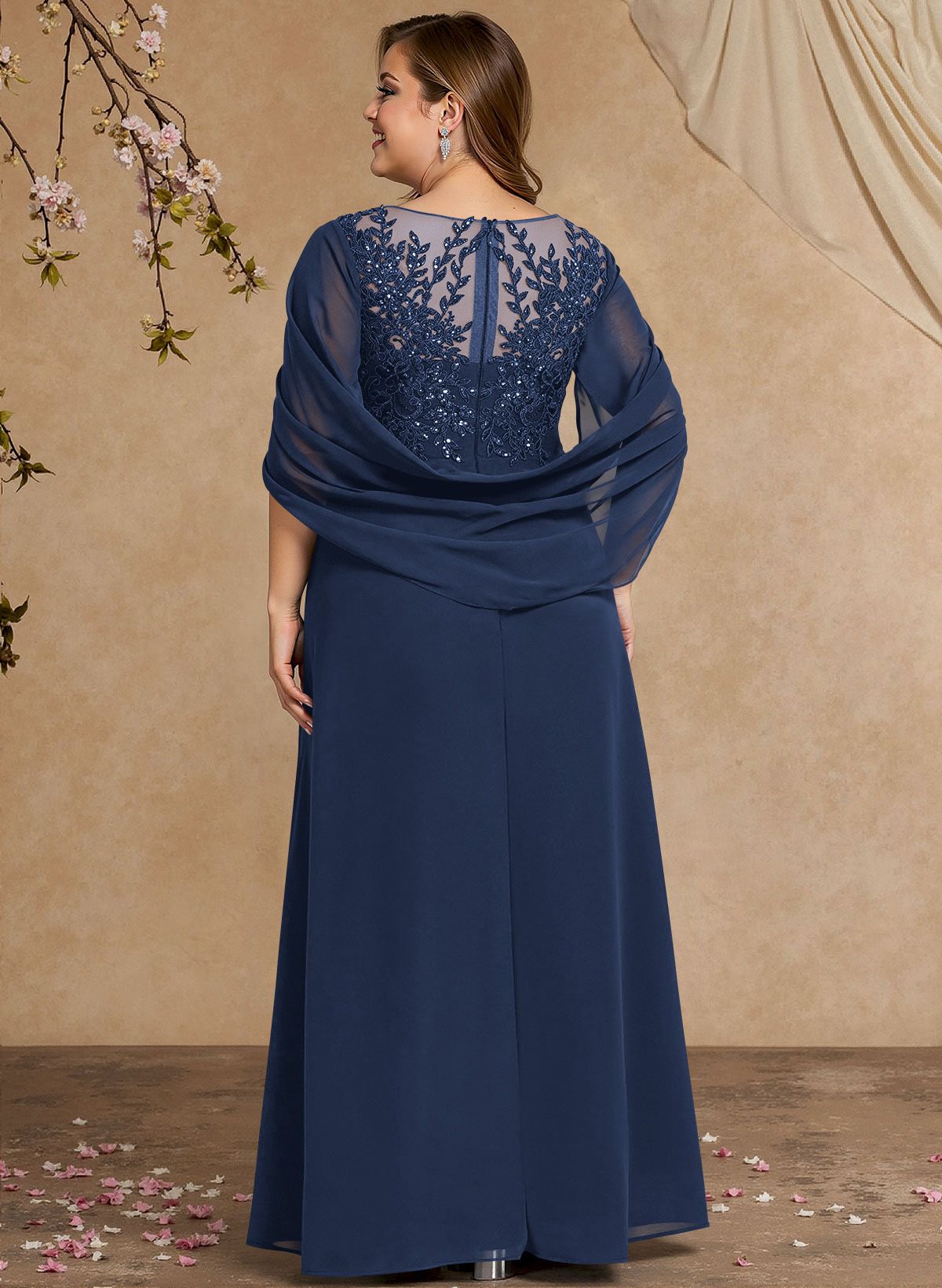A-Line Illusion Neck Cape Sleeves Floor-Length Chiffon Mother Of The Bride Dresses