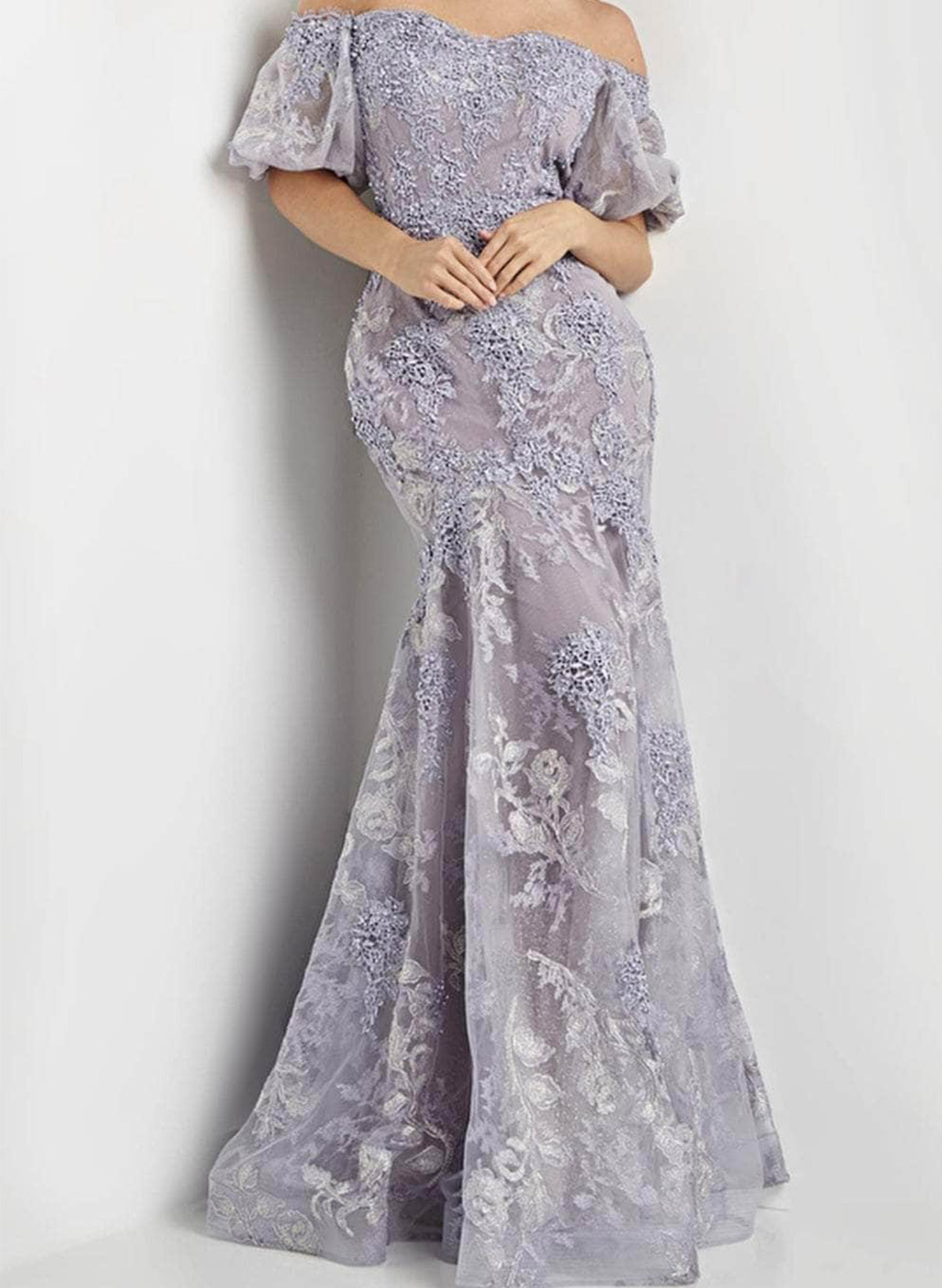 Trumpet/Mermaid Off-The-Shoulder Short Sleeves Floor-Length Tulle Evening Dresses in As Picture, US2