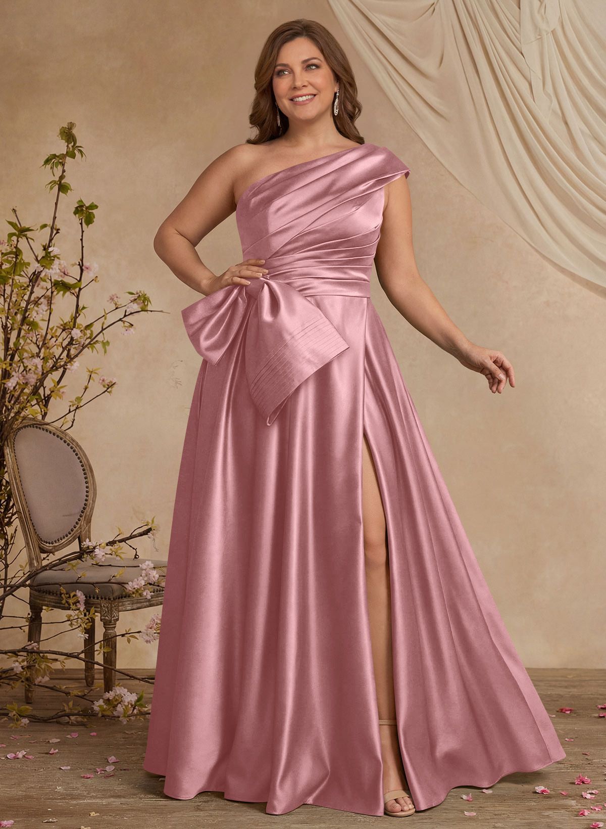 A-Line One-Shoulder Sleeveless Satin Mother Of The Bride Dresses With High Split