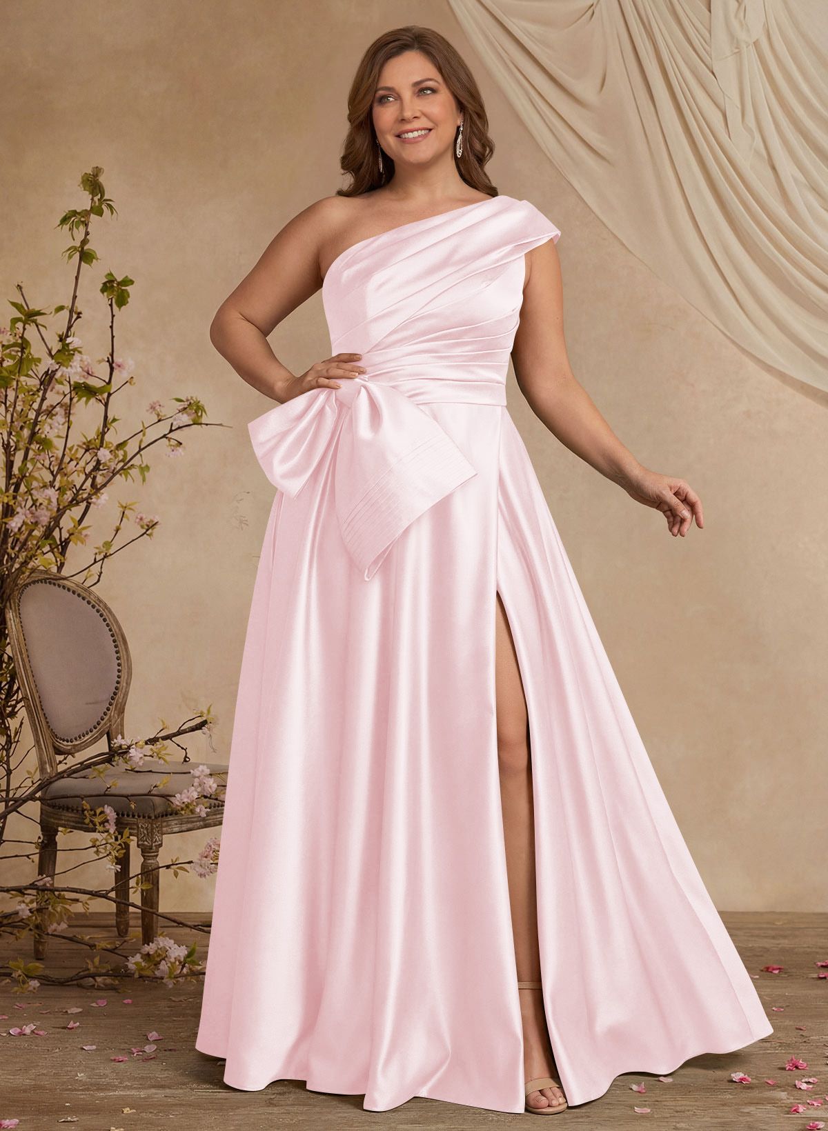A-Line One-Shoulder Sleeveless Satin Mother Of The Bride Dresses With High Split