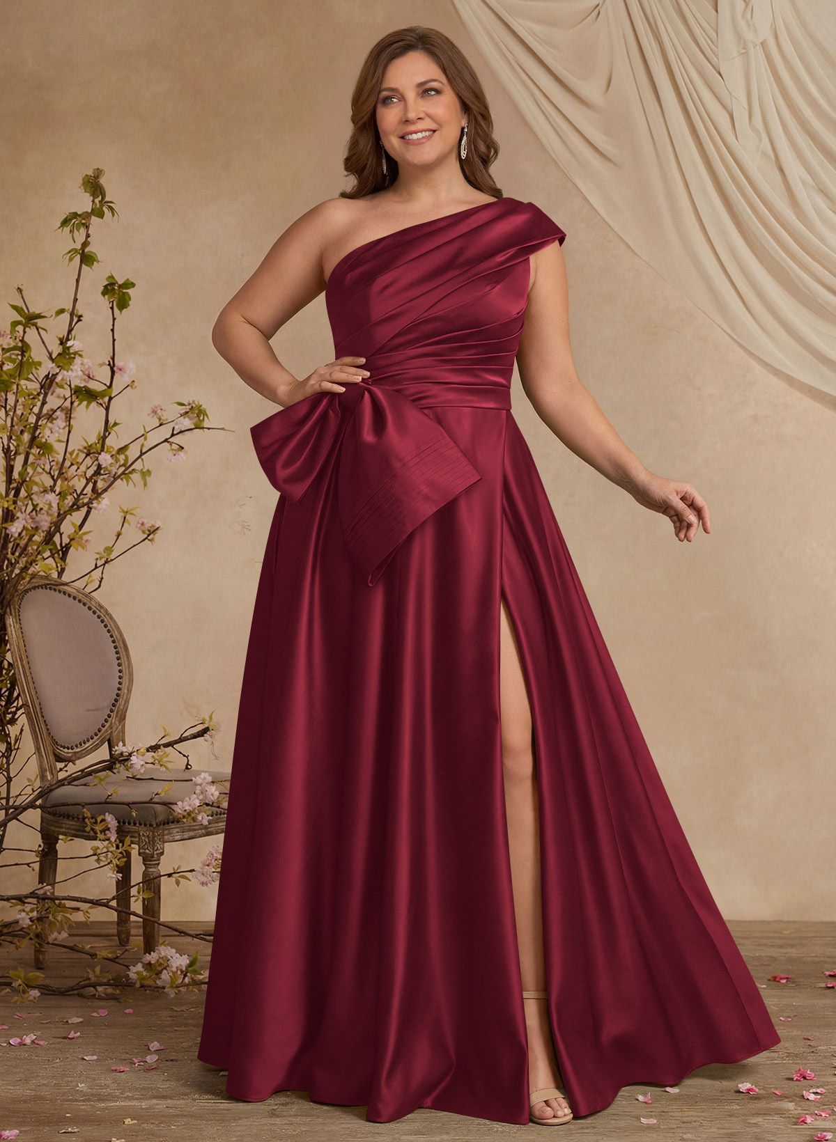 A-Line One-Shoulder Sleeveless Satin Mother Of The Bride Dresses With High Split