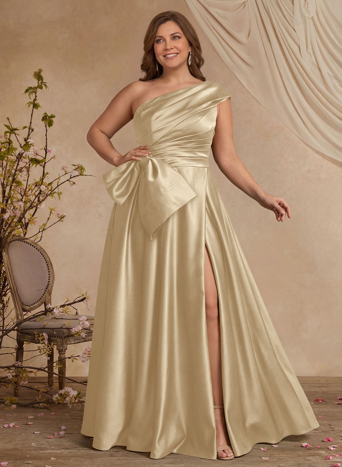 A-Line One-Shoulder Sleeveless Satin Mother Of The Bride Dresses With High Split