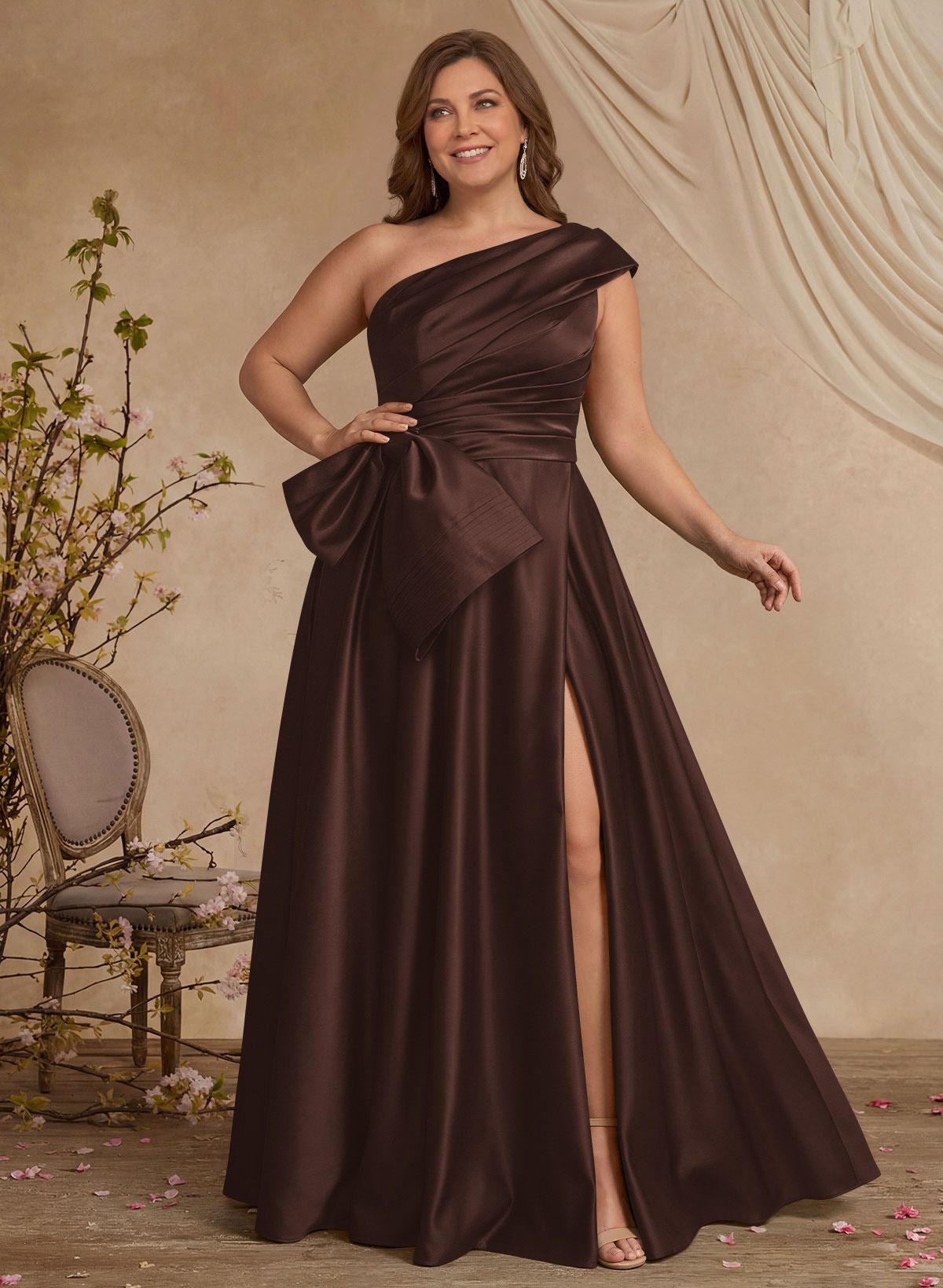 A-Line One-Shoulder Sleeveless Satin Mother Of The Bride Dresses With High Split