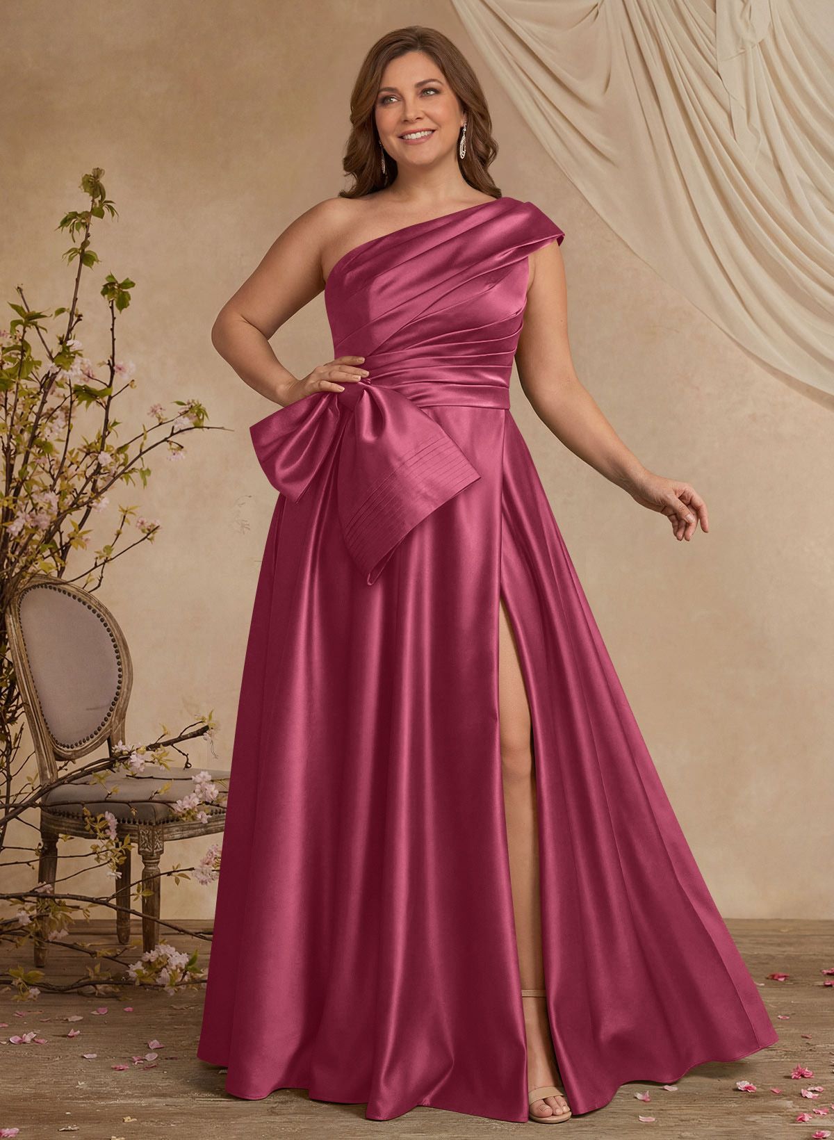 A-Line One-Shoulder Sleeveless Satin Mother Of The Bride Dresses With High Split