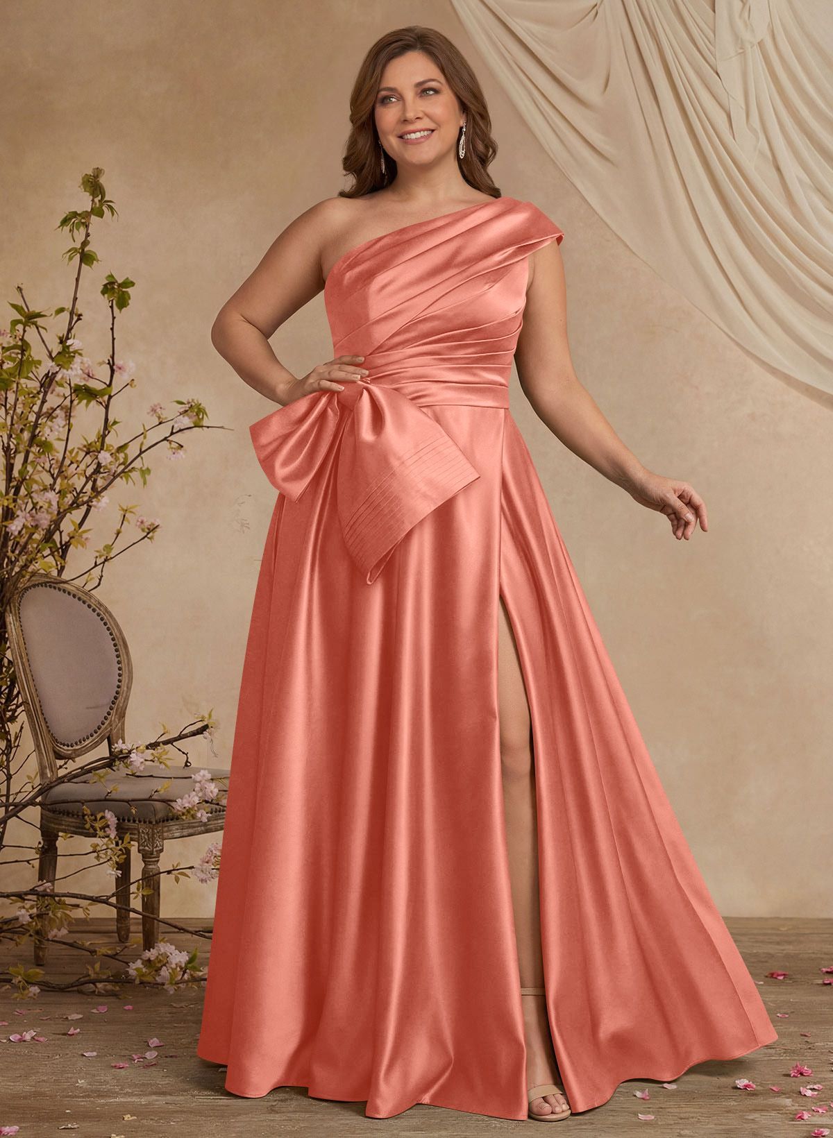 A-Line One-Shoulder Sleeveless Satin Mother Of The Bride Dresses With High Split