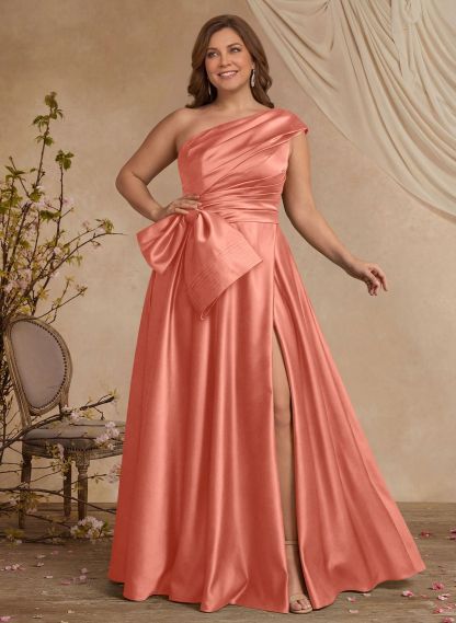 A-Line One-Shoulder Sleeveless Satin Mother Of The Bride Dresses With High Split