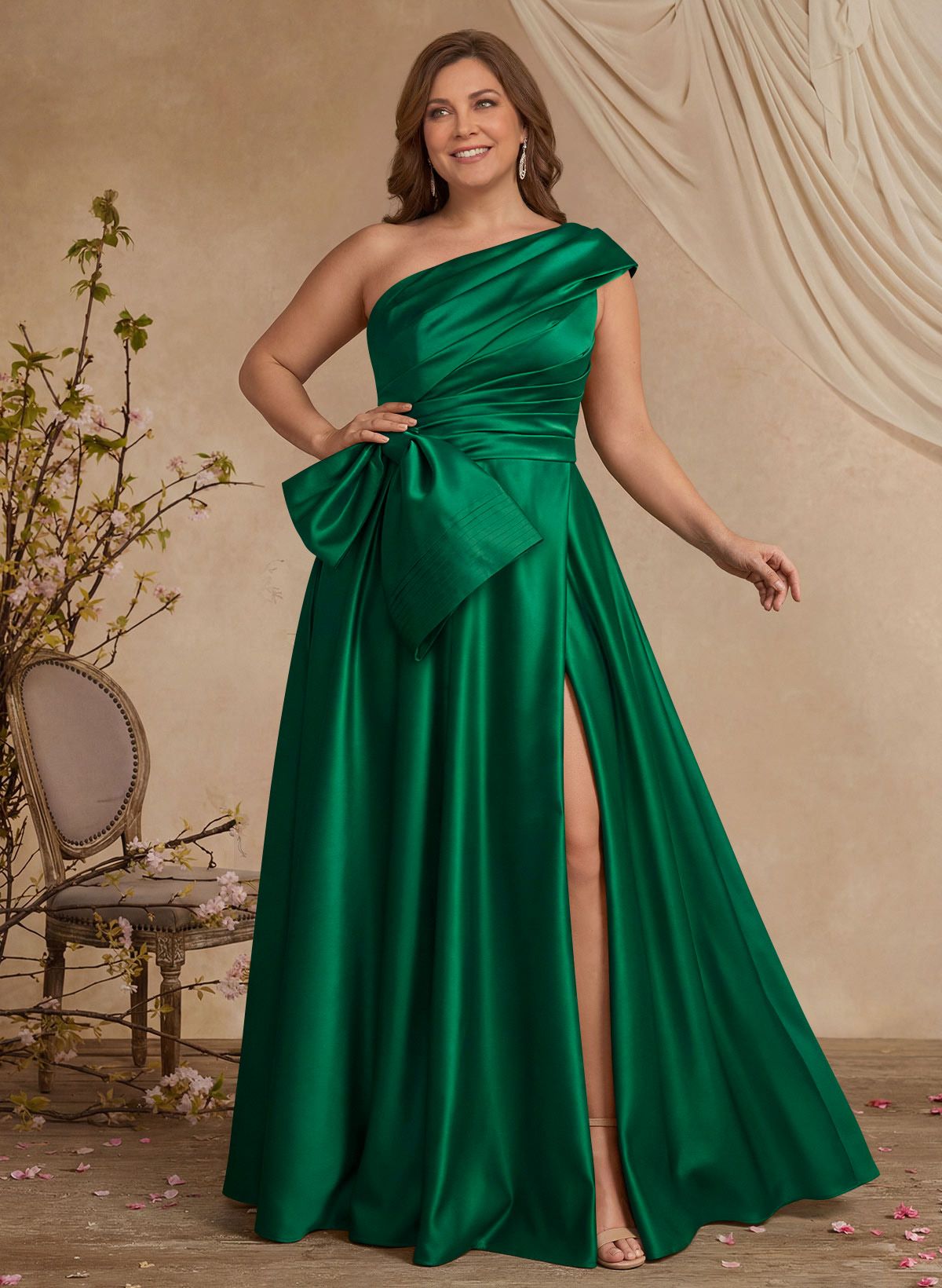 A-Line One-Shoulder Sleeveless Satin Mother Of The Bride Dresses With High Split