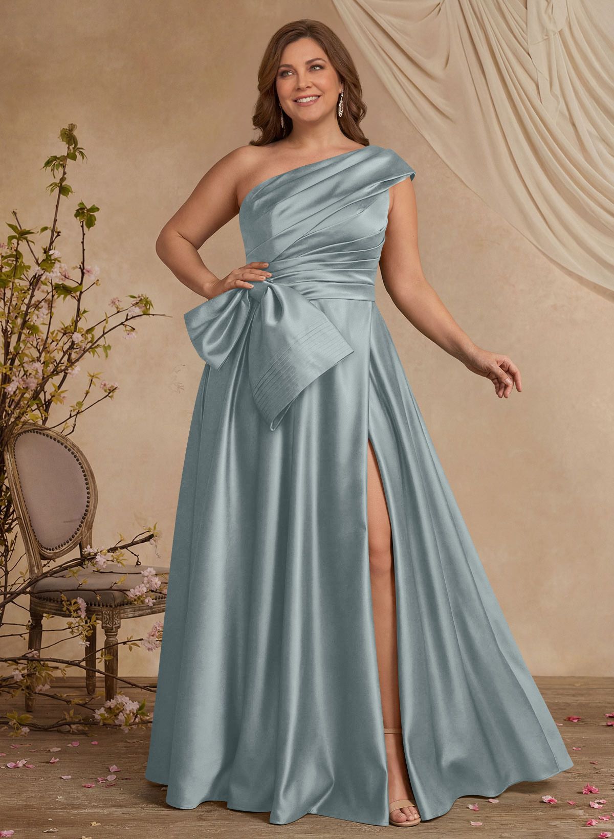 A-Line One-Shoulder Sleeveless Satin Mother Of The Bride Dresses With High Split