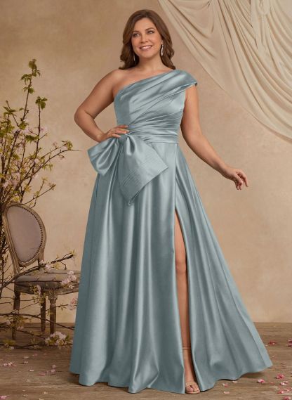 A-Line One-Shoulder Sleeveless Satin Mother Of The Bride Dresses With High Split