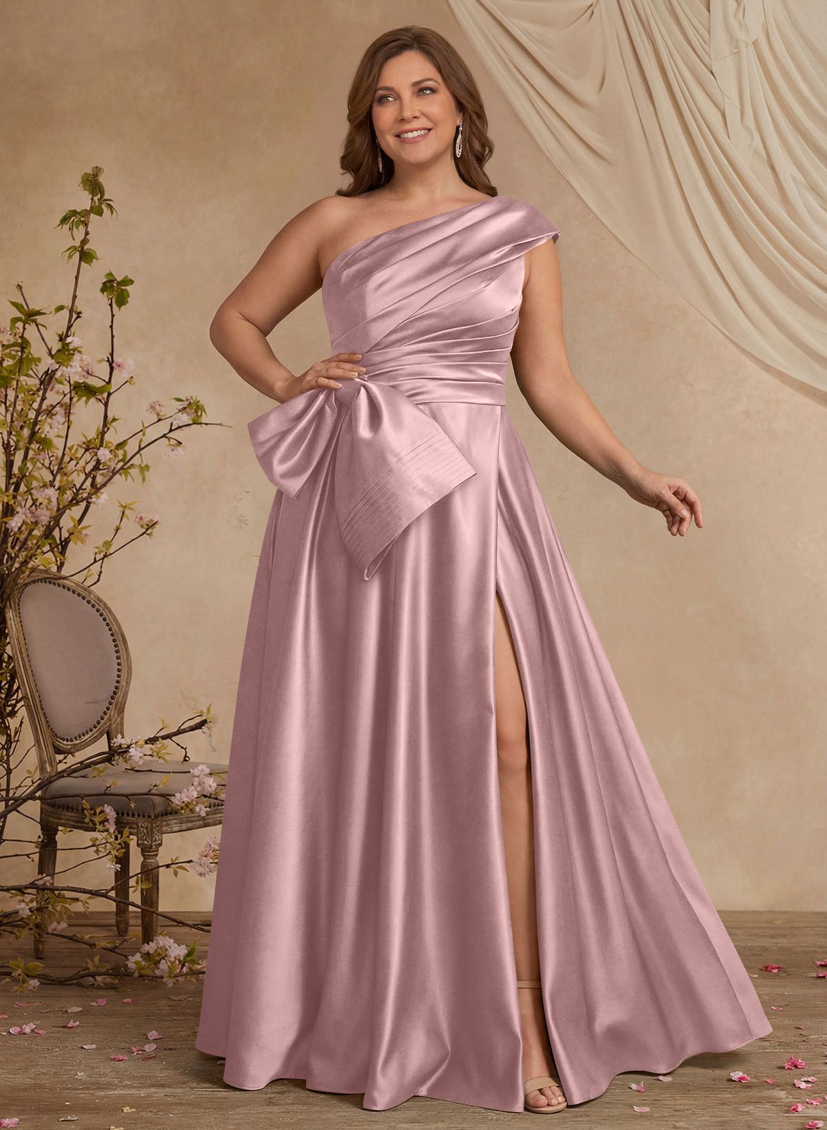 A-Line One-Shoulder Sleeveless Satin Mother Of The Bride Dresses With High Split