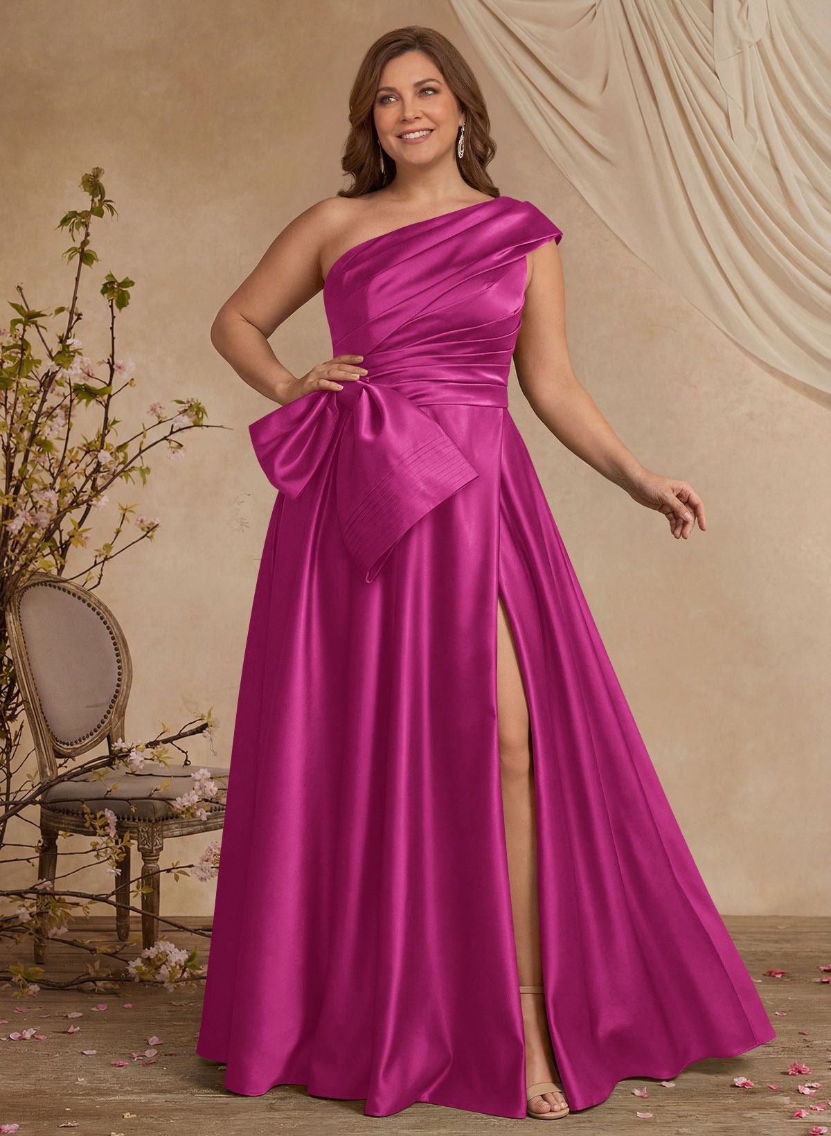 A-Line One-Shoulder Sleeveless Satin Mother Of The Bride Dresses With High Split