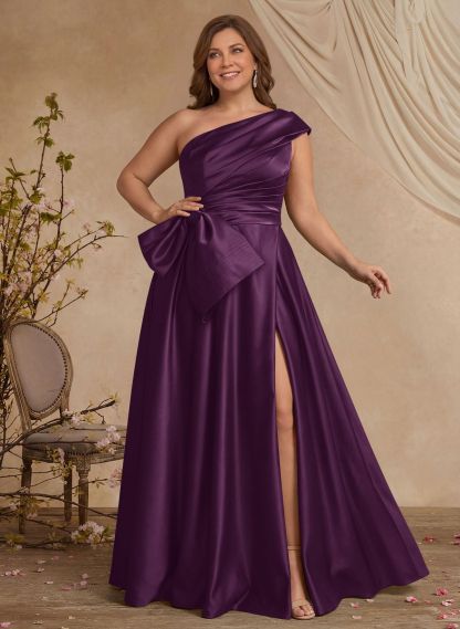 A-Line One-Shoulder Sleeveless Satin Mother Of The Bride Dresses With High Split