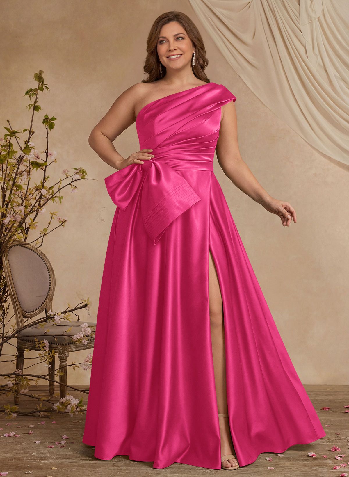 A-Line One-Shoulder Sleeveless Satin Mother Of The Bride Dresses With High Split