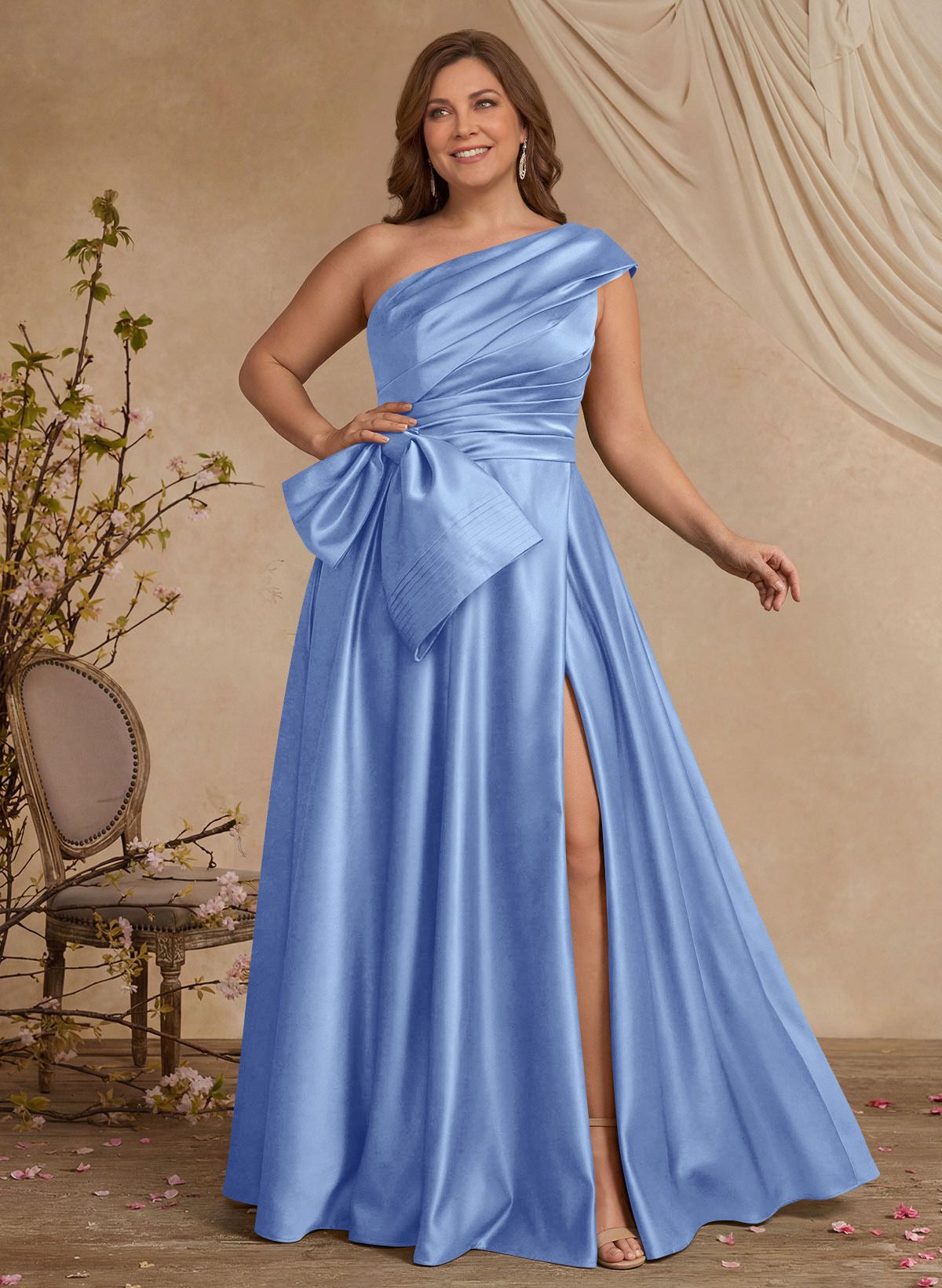 A-Line One-Shoulder Sleeveless Satin Mother Of The Bride Dresses With High Split
