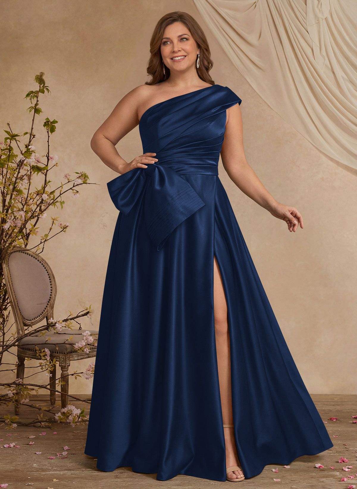 A-Line One-Shoulder Sleeveless Satin Mother Of The Bride Dresses With High Split