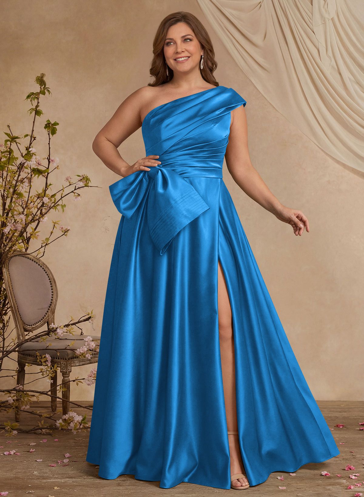 A-Line One-Shoulder Sleeveless Satin Mother Of The Bride Dresses With High Split