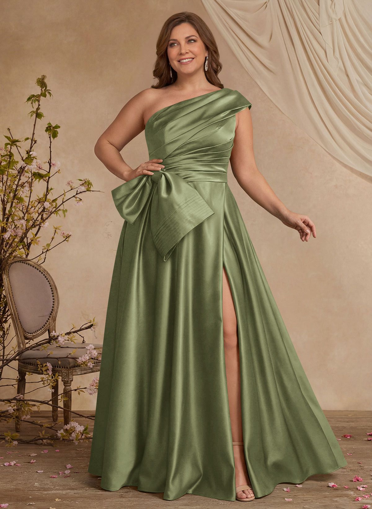 A-Line One-Shoulder Sleeveless Satin Mother Of The Bride Dresses With High Split