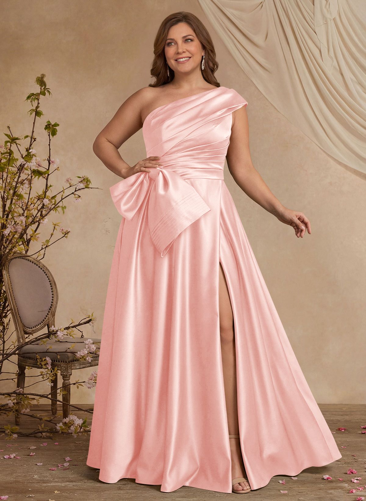 A-Line One-Shoulder Sleeveless Satin Mother Of The Bride Dresses With High Split