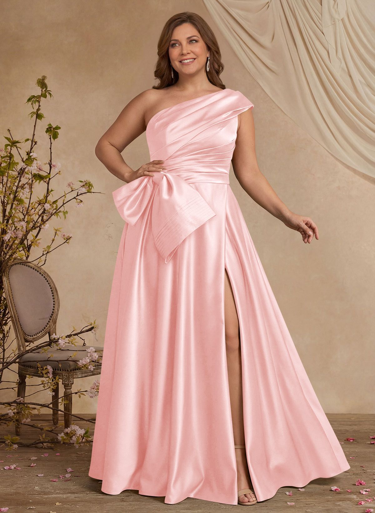 A-Line One-Shoulder Sleeveless Satin Mother Of The Bride Dresses With High Split