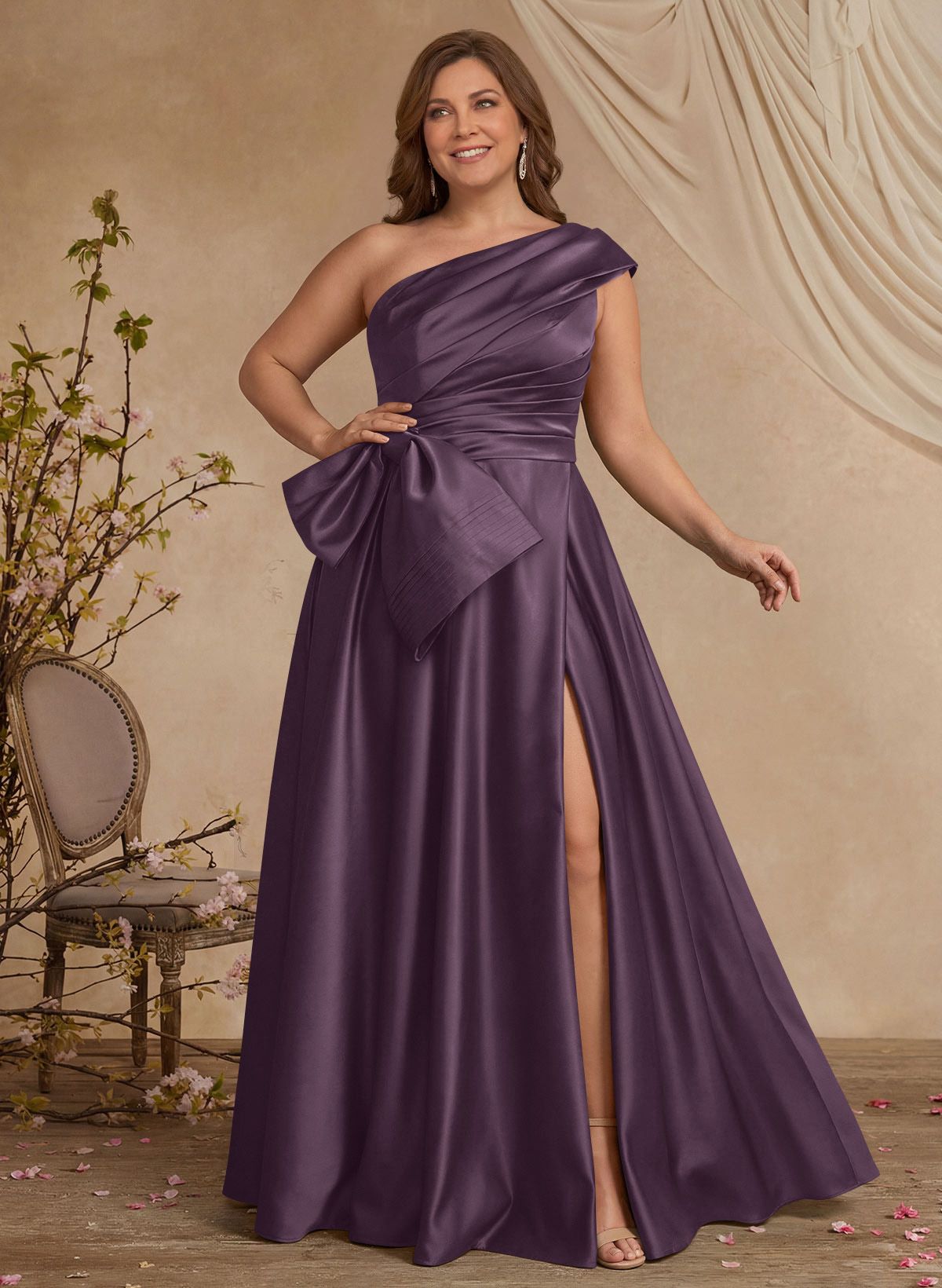 A-Line One-Shoulder Sleeveless Satin Mother Of The Bride Dresses With High Split