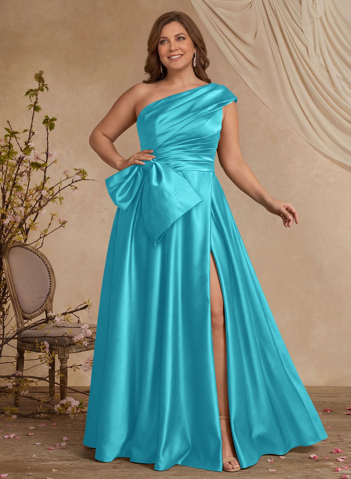 A-Line One-Shoulder Sleeveless Satin Mother Of The Bride Dresses With High Split