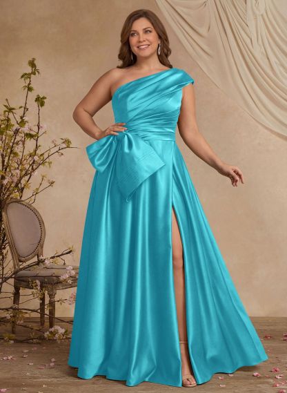 A-Line One-Shoulder Sleeveless Satin Mother Of The Bride Dresses With High Split