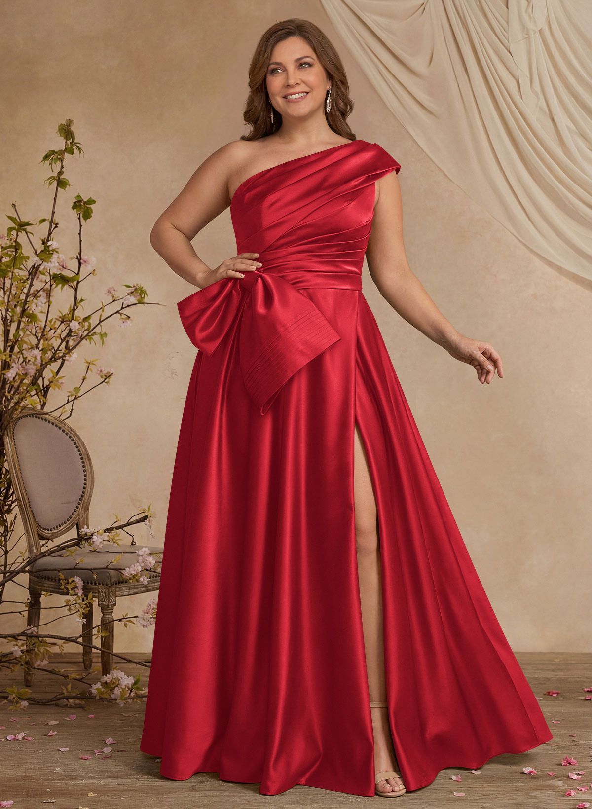 A-Line One-Shoulder Sleeveless Satin Mother Of The Bride Dresses With High Split