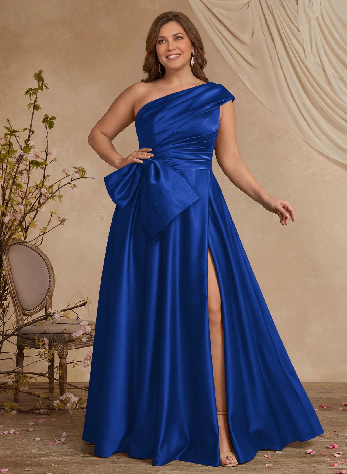 A-Line One-Shoulder Sleeveless Satin Mother Of The Bride Dresses With High Split