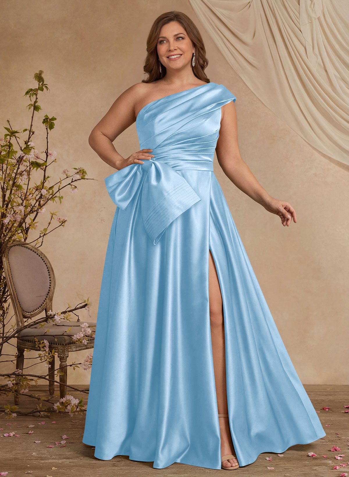 A-Line One-Shoulder Sleeveless Satin Mother Of The Bride Dresses With High Split