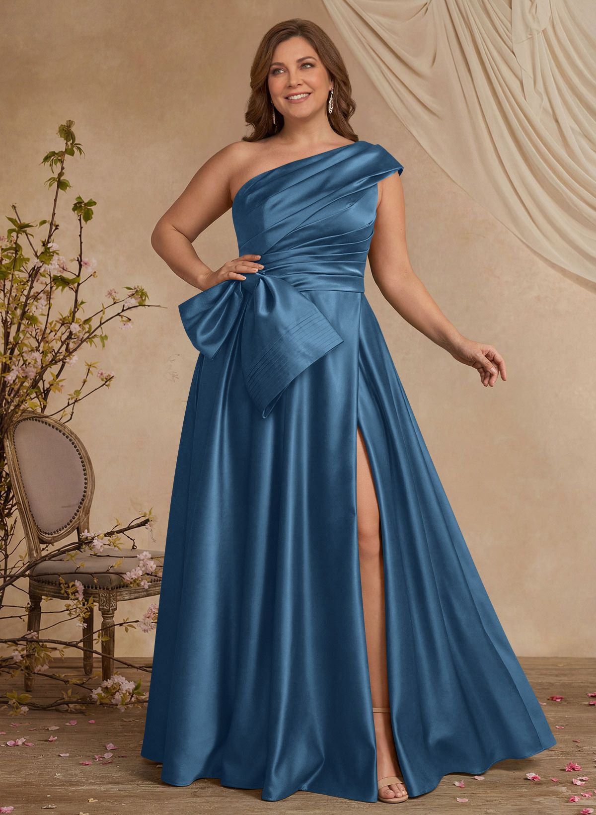 A-Line One-Shoulder Sleeveless Satin Mother Of The Bride Dresses With High Split