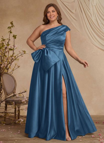 A-Line One-Shoulder Sleeveless Satin Mother Of The Bride Dresses With High Split